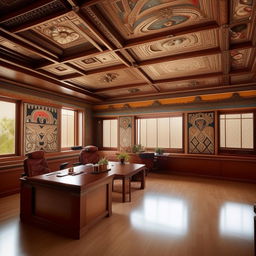 A large, spacious campus chief's office imbued with Nepali cultural elements. It includes traditional patterns, murals, and decor, harmoniously combined with modern office necessities.