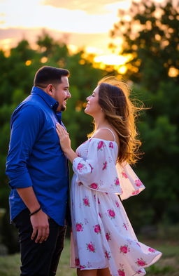 A romantic couple standing facing each other, radiating love and connection