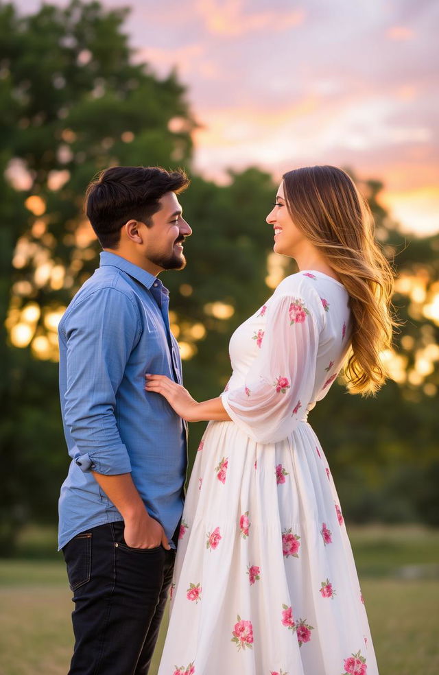 A romantic couple standing facing each other, radiating love and connection