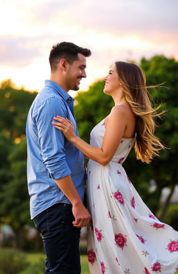 A romantic couple standing facing each other, radiating love and connection