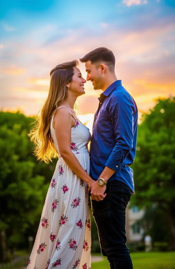 A romantic couple standing facing each other, radiating love and connection