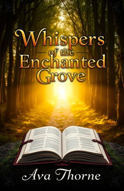 An original book cover design featuring a mystical forest scene where soft golden light filters through the dense trees, illuminating a narrow path