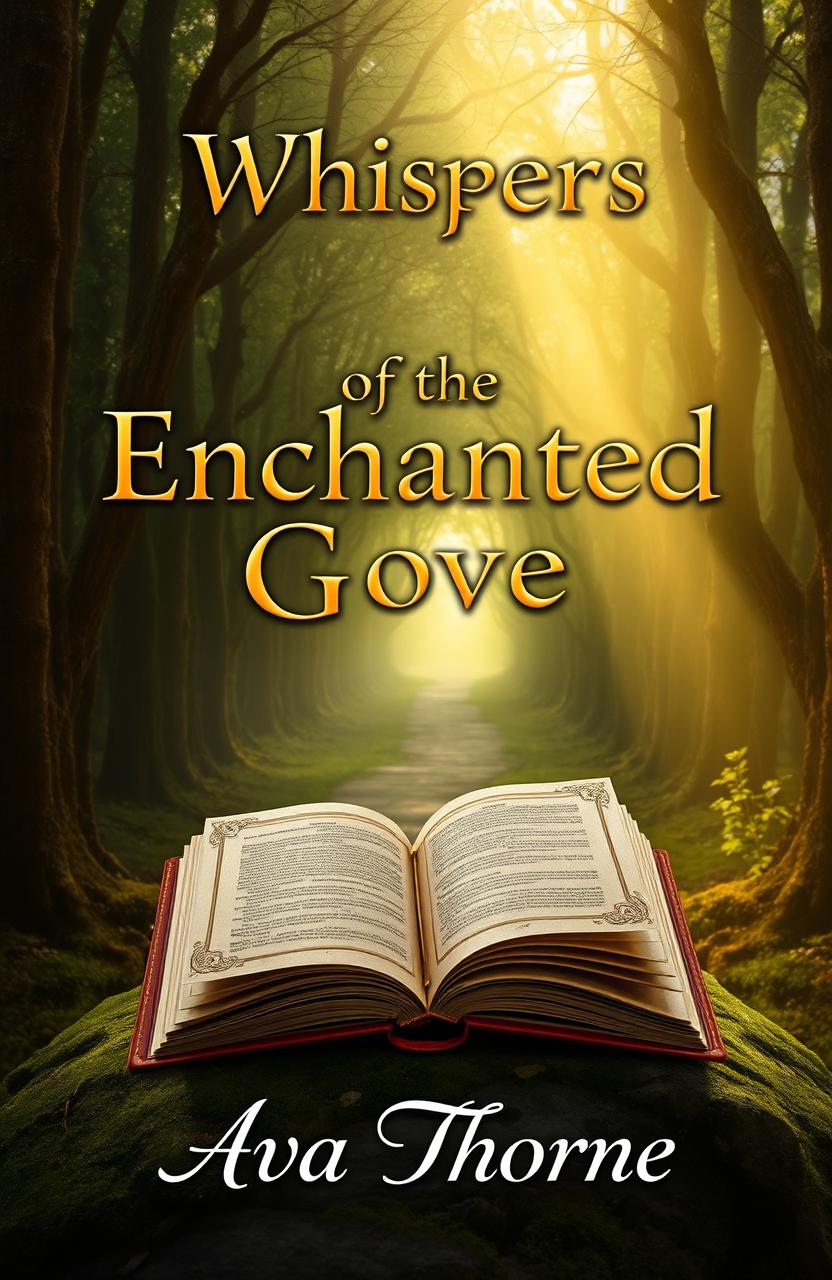 An original book cover design featuring a mystical forest scene where soft golden light filters through the dense trees, illuminating a narrow path