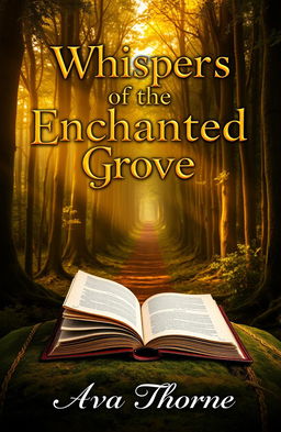 An original book cover design featuring a mystical forest scene where soft golden light filters through the dense trees, illuminating a narrow path