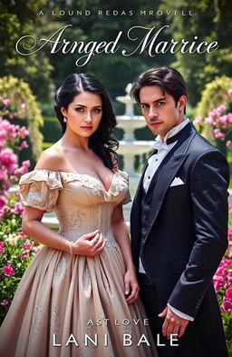 A passionate romance novel cover featuring an arranged marriage between a beautiful, strong-willed woman and a handsome, enigmatic man in a historical setting