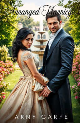 A passionate romance novel cover featuring an arranged marriage between a beautiful, strong-willed woman and a handsome, enigmatic man in a historical setting