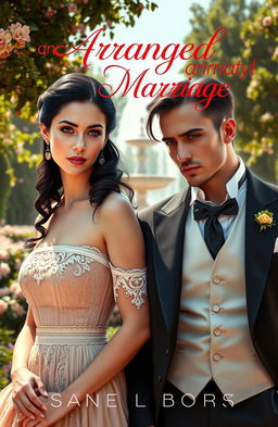 A passionate romance novel cover featuring an arranged marriage between a beautiful, strong-willed woman and a handsome, enigmatic man in a historical setting