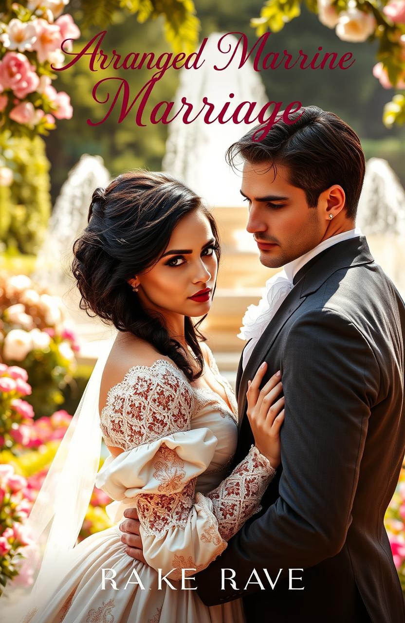 A passionate romance novel cover featuring an arranged marriage between a beautiful, strong-willed woman and a handsome, enigmatic man in a historical setting