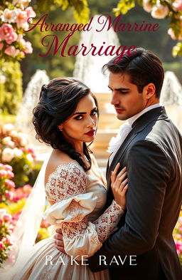 A passionate romance novel cover featuring an arranged marriage between a beautiful, strong-willed woman and a handsome, enigmatic man in a historical setting