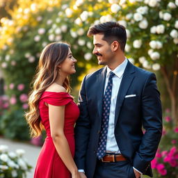 A beautiful couple standing facing each other, exuding love and chemistry