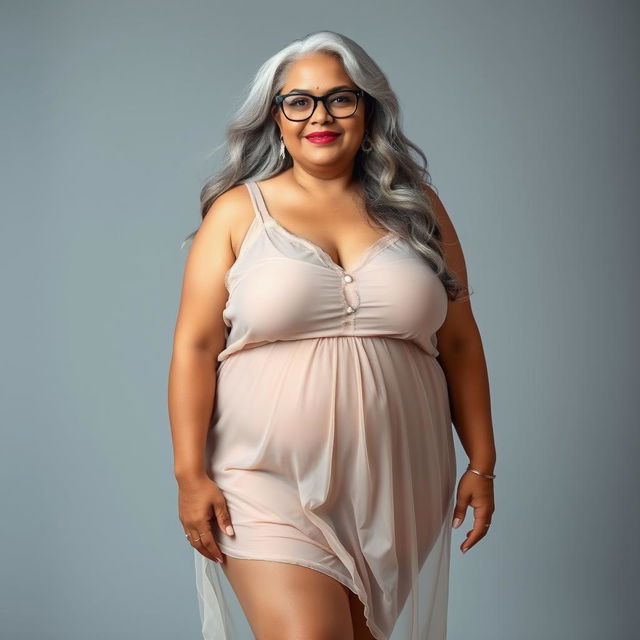 A stunning full-body portrait of a 60-year-old Indian curvy woman, radiating confidence and allure