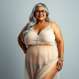 A stunning full-body portrait of a 60-year-old Indian curvy woman, radiating confidence and allure