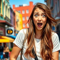 A young woman expressing shock and surprise, her eyes wide and mouth agape in astonishment