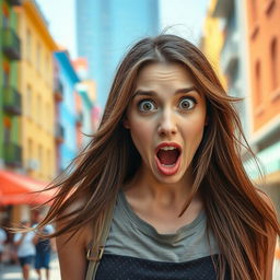 A young woman expressing shock and surprise, her eyes wide and mouth agape in astonishment