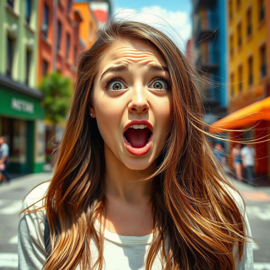 A young woman expressing shock and surprise, her eyes wide and mouth agape in astonishment