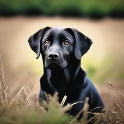 A captivating, high-resolution photograph portrays a young black Labrador in a realistic and cinematic style