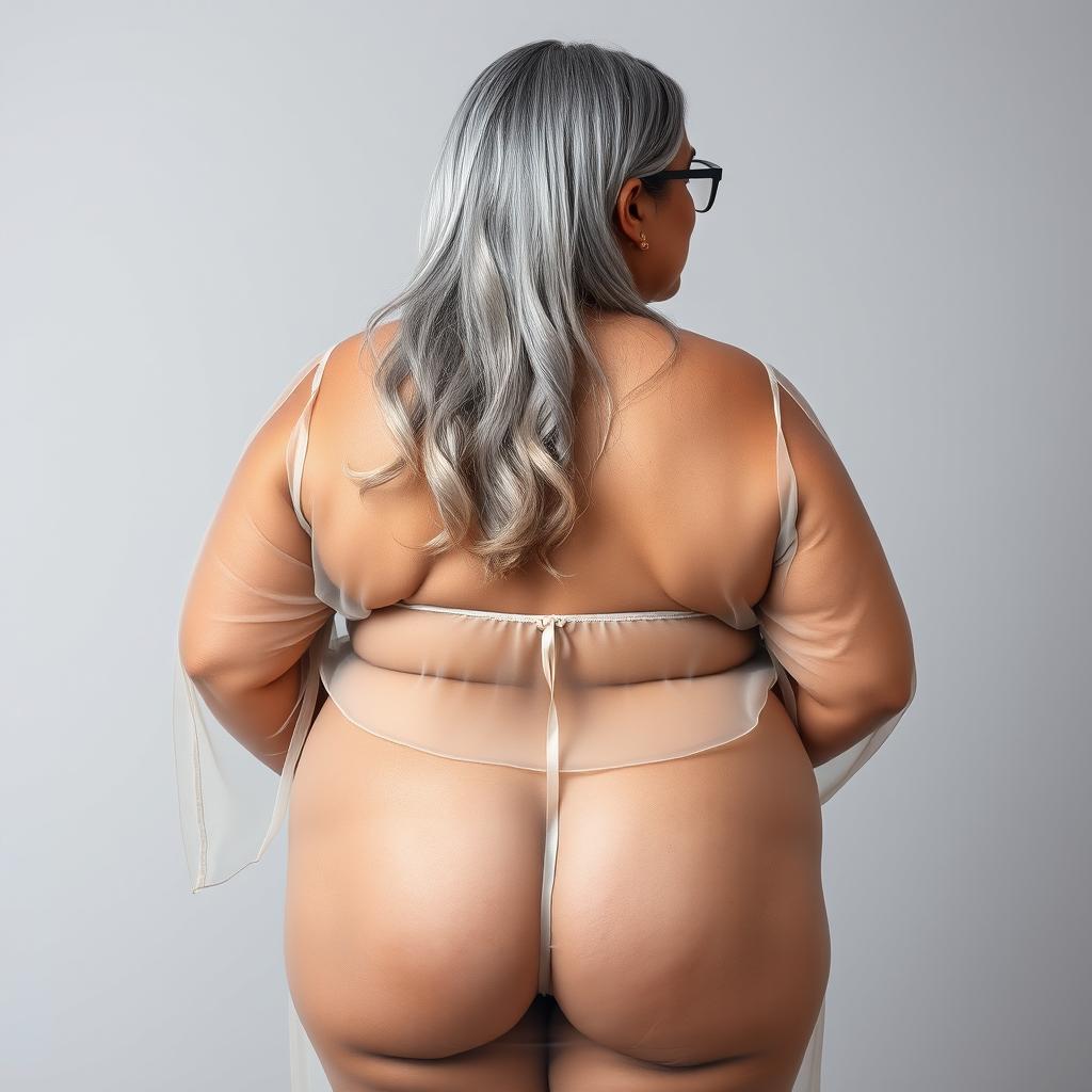 A striking back view portrait of a 60-year-old Indian curvy woman, showcasing her big vital statistics