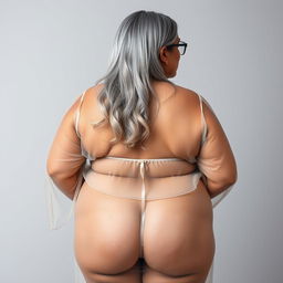 A striking back view portrait of a 60-year-old Indian curvy woman, showcasing her big vital statistics