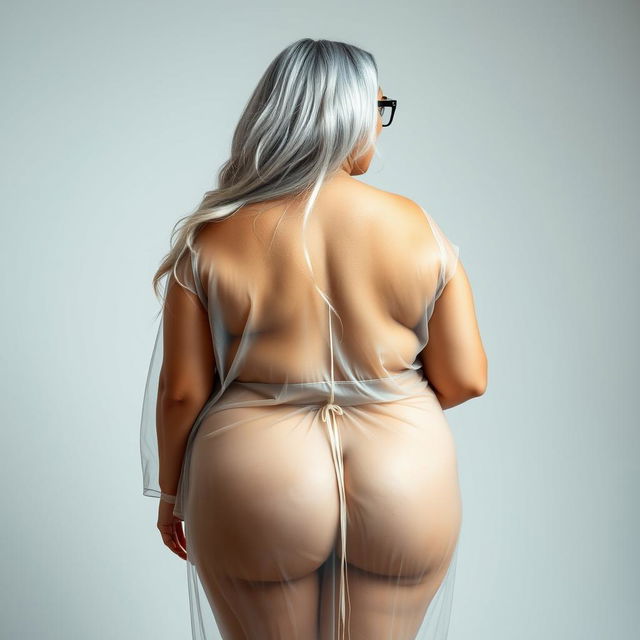 A striking back view portrait of a 60-year-old Indian curvy woman, showcasing her big vital statistics