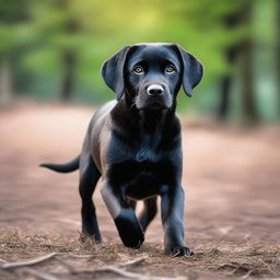 A captivating, high-resolution photograph portrays a young black Labrador in a realistic and cinematic style