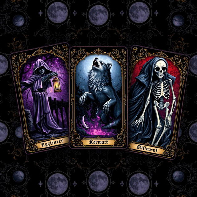 A unique tarot card design featuring dark themes, each card vividly illustrated with mystical symbols and imagery