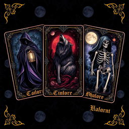 A unique tarot card design featuring dark themes, each card vividly illustrated with mystical symbols and imagery