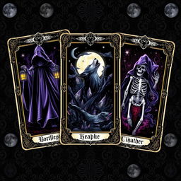 A unique tarot card design featuring dark themes, each card vividly illustrated with mystical symbols and imagery