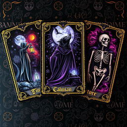 A unique tarot card design featuring dark themes, each card vividly illustrated with mystical symbols and imagery