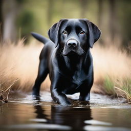 A captivating, high-resolution photograph portrays a young black Labrador in a realistic and cinematic style