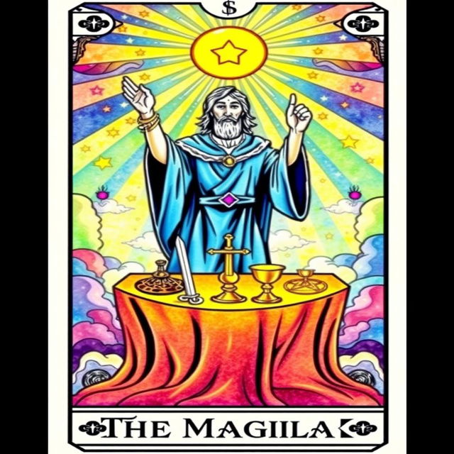 A beautifully illustrated tarot card representing 'The Magician' card