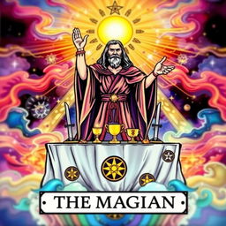 A beautifully illustrated tarot card representing 'The Magician' card