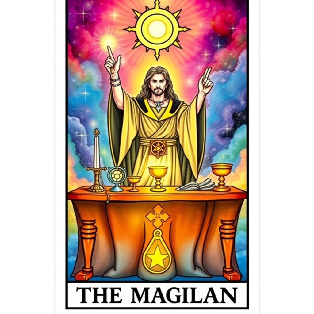 A beautifully illustrated tarot card representing 'The Magician' card