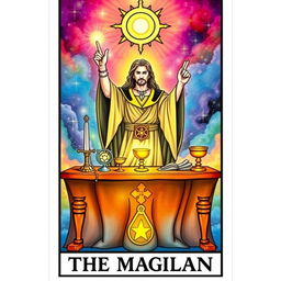 A beautifully illustrated tarot card representing 'The Magician' card