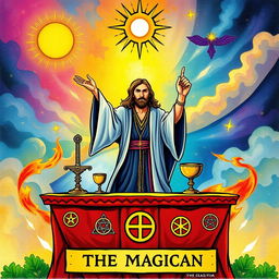 A beautifully illustrated tarot card representing 'The Magician' card