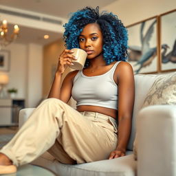 A young, light brown-skinned woman, 20-25 years old, with curly hair featuring vibrant blue highlights, is sitting comfortably at home