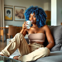A young, light brown-skinned woman, 20-25 years old, with curly hair featuring vibrant blue highlights, is sitting comfortably at home