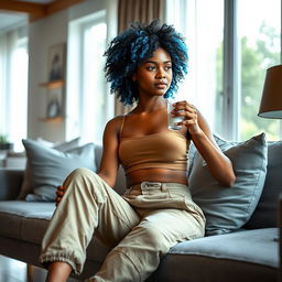 A young, light brown-skinned woman, 20-25 years old, with curly hair featuring vibrant blue highlights, is sitting comfortably at home