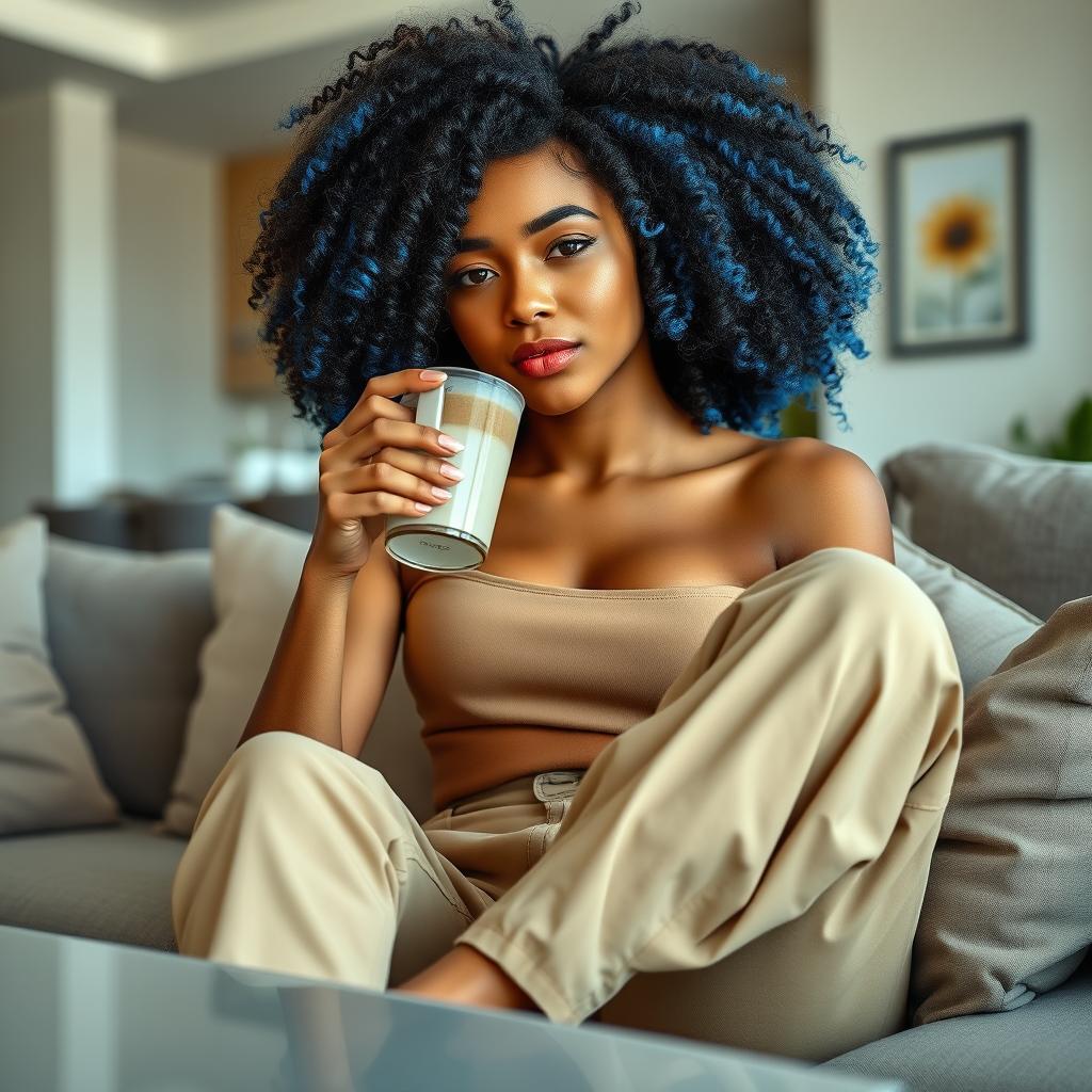 A young, light brown-skinned woman, 20-25 years old, with curly hair featuring vibrant blue highlights, is sitting comfortably at home