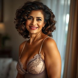 A beautiful Latina woman in her 50s, showcasing her natural curly hair in an elegant hairstyle