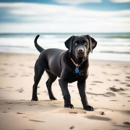 A high-resolution, cinematic photograph captures a beautiful young black Labrador on a beach adventure