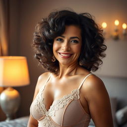 A beautiful Latina woman in her 50s, showcasing her natural curly hair in an elegant hairstyle