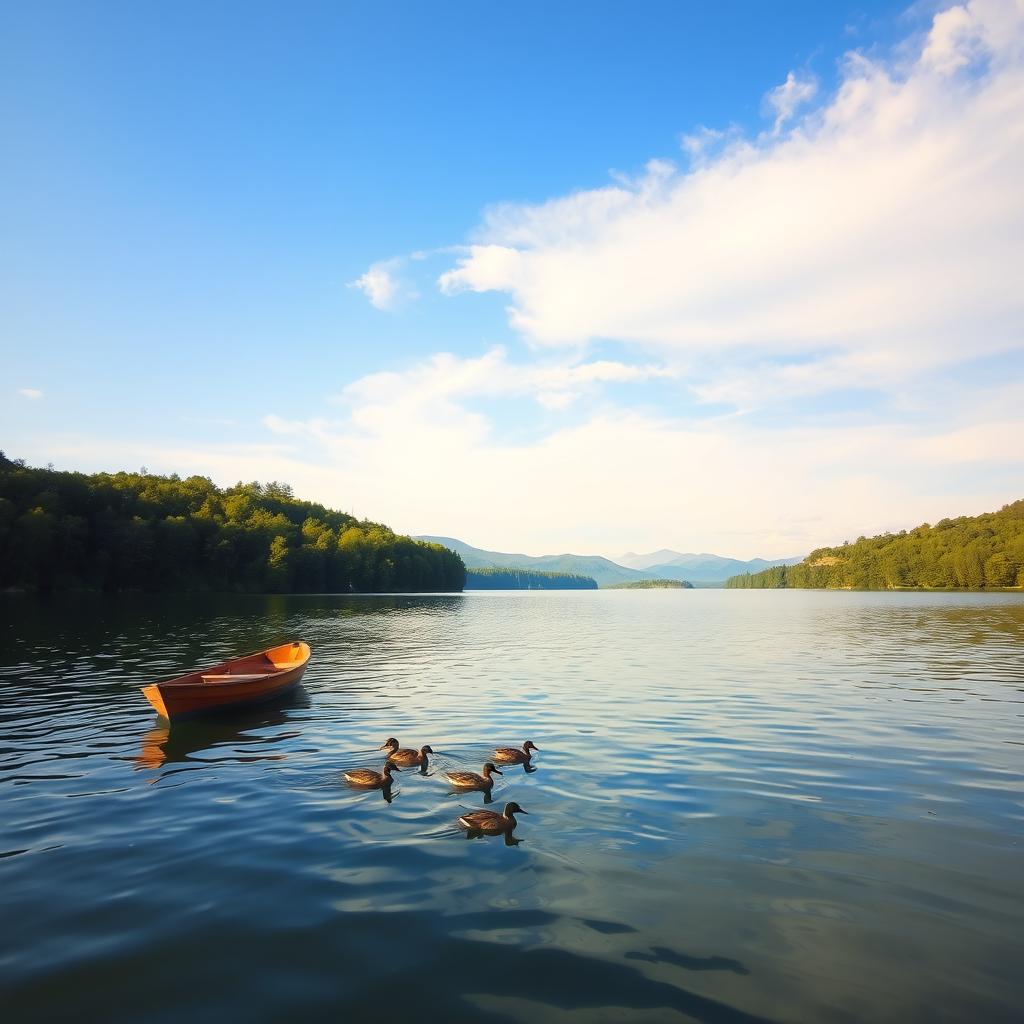 A serene landscape featuring a tranquil lake surrounded by lush green trees and distant mountains, with a clear blue sky and gentle clouds above