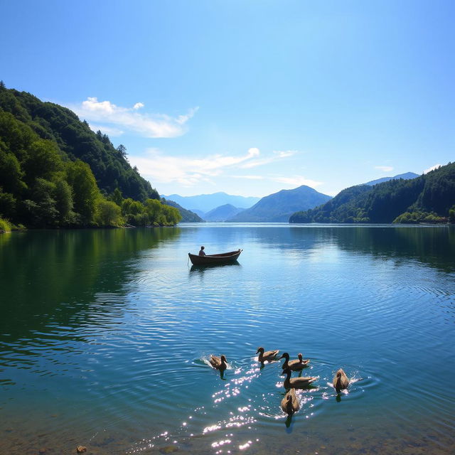 A serene landscape featuring a tranquil lake surrounded by lush green trees and distant mountains, with a clear blue sky and gentle clouds above