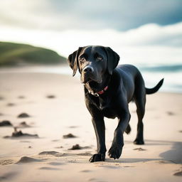 A high-resolution, cinematic photograph captures a beautiful young black Labrador on a beach adventure