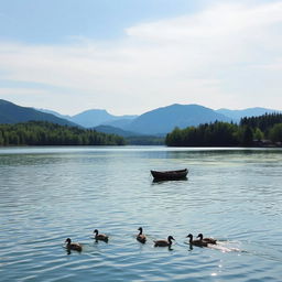 A serene landscape featuring a tranquil lake surrounded by lush green trees and distant mountains, with a clear blue sky and gentle clouds above
