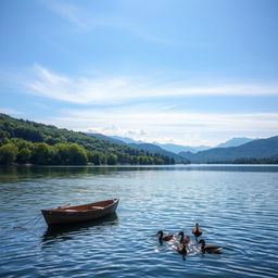 A serene landscape featuring a tranquil lake surrounded by lush green trees and distant mountains, with a clear blue sky and gentle clouds above