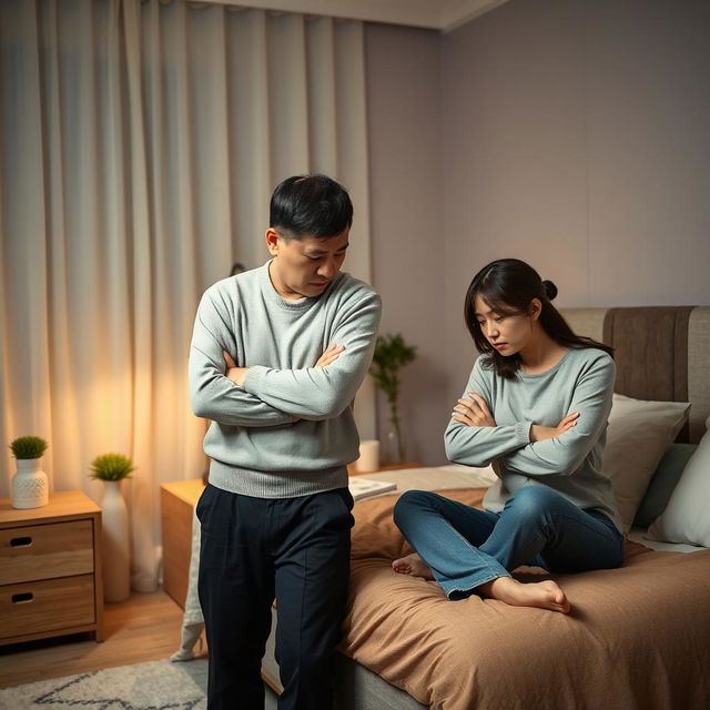 A tense scene in a modern bedroom depicting a Chinese man and his wife engaged in a heated argument