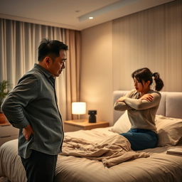 A tense scene in a modern bedroom depicting a Chinese man and his wife engaged in a heated argument