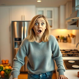 A shocked young woman standing in a modern kitchen, her eyes wide in disbelief and mouth open in surprise