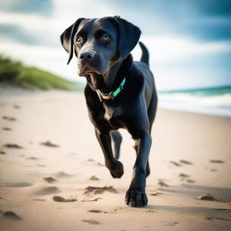 A high-resolution, cinematic photograph captures a beautiful young black Labrador on a beach adventure